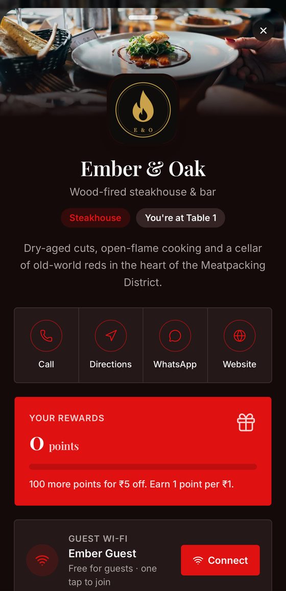 The guest tap card: call, directions, WhatsApp, rewards points and one-tap guest Wi-Fi